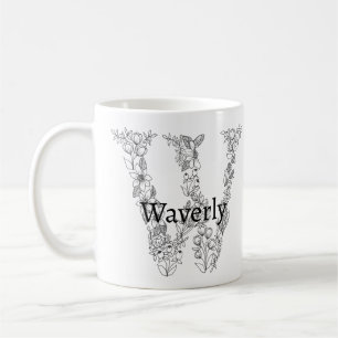 Monogram Letter W Black White Botanical Floral Coffee Mug
