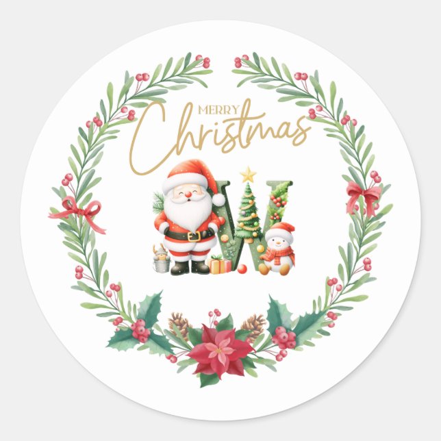 Monogram letter W, Christmas Wreath w/ Santa Claus Classic Round Sticker (Front)