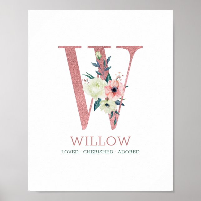 Monogram Letter W Pink Watercolor Floral Nursery Poster (Front)