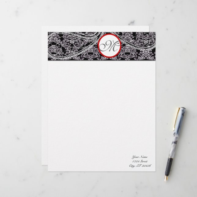 Monogram Letterhead Black and Grey Paisley (Front/Back In Situ)