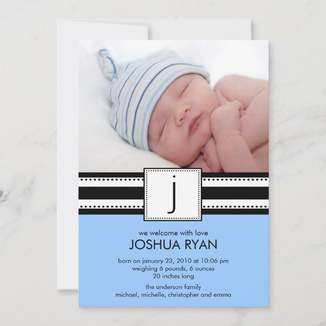 Monogram LetterJ Baby PHOTO Birth Announcement (Front)