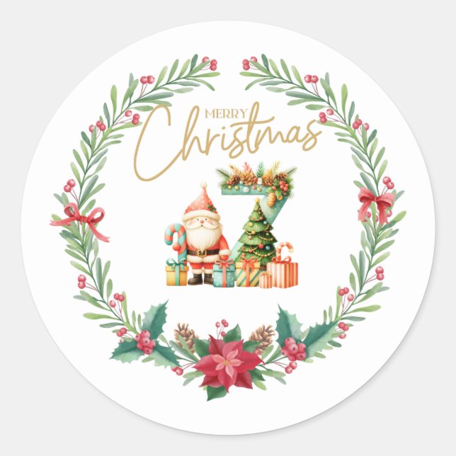 Monogram letterZ, Christmas Wreath w/ Santa Claus Classic Round Sticker (Front)