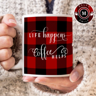 Monogram, Life Happens Coffee Helps, Plaid Mug