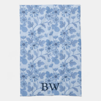 Monogram Light Blue and Navy Floral Pattern Tea Towel