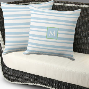 Monogram Light Blue and White Stripes Beach House Cushion