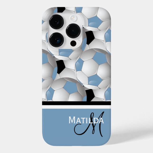Monogram Light Blue Black Soccer Ball Pattern Case-Mate iPhone Case (Back)