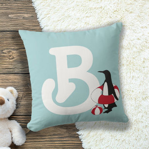 Monogram Light Blue Cute Penguin Cartoon Kids Cushion