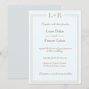 Monogram light blue gold grey modern chic wedding invitation