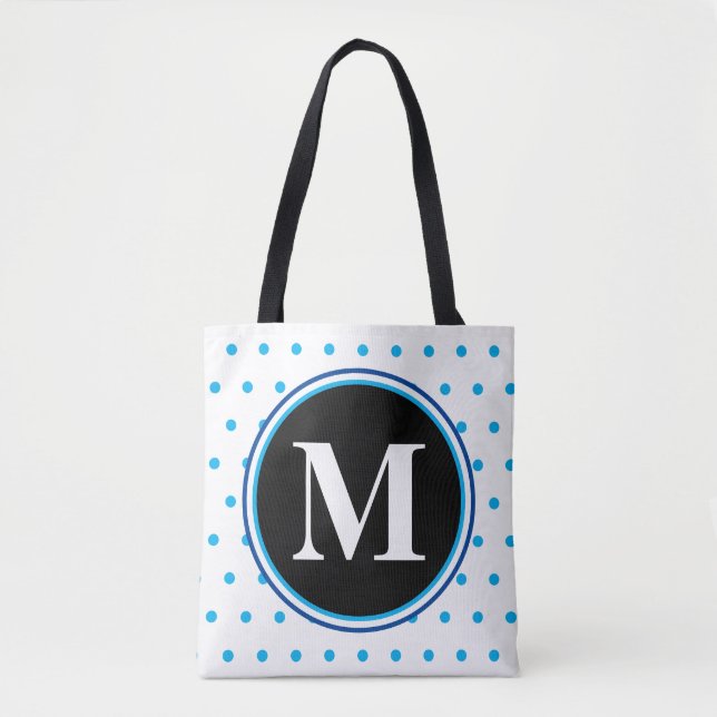 Monogram Light Blue Polka Dots Tote Bag (Front)