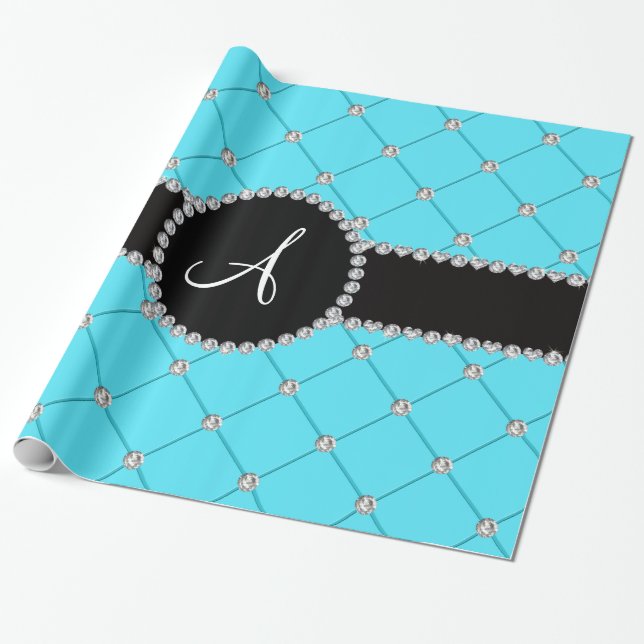Monogram light blue tuft diamonds wrapping paper (Unrolled)