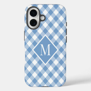 Monogram Light Blue White Gingham Check iPhone 16 Case
