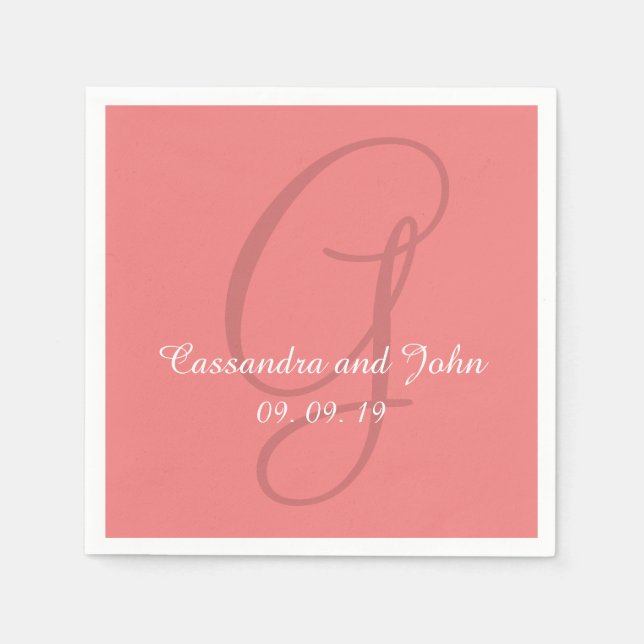 Monogram Light Coral Wedding Paper Napkins (Front)