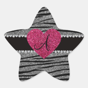 Monogram light grey glitter zebra stripes heart star sticker