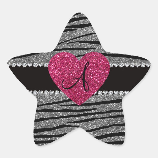 Monogram light grey glitter zebra stripes heart star sticker (Front)
