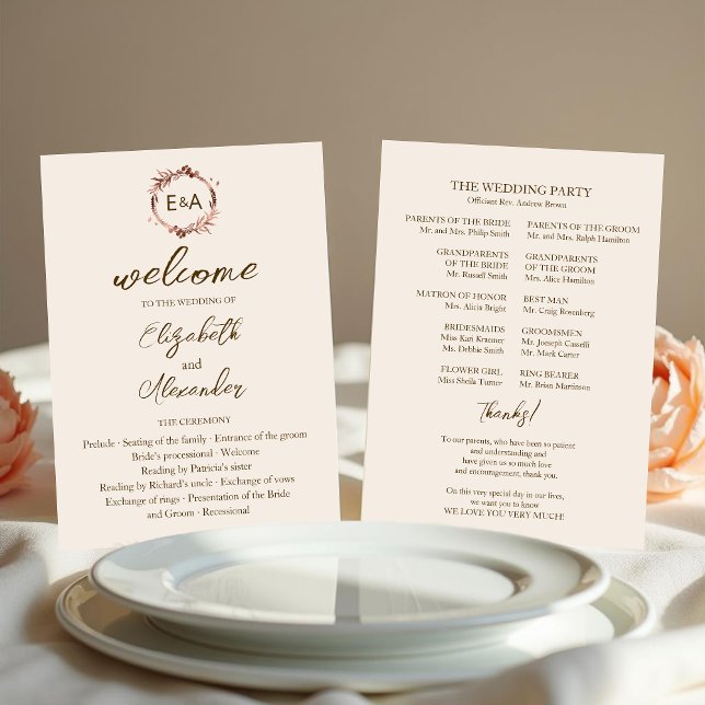 Monogram Light Peach Wedding Program Invitation (Creator Uploaded)