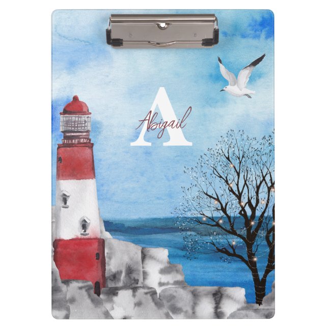 Monogram Lighthouse Watercolor Scene Clipboard (Front)
