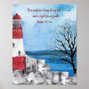 Monogram Lighthouse Watercolor Scene Scripture Poster