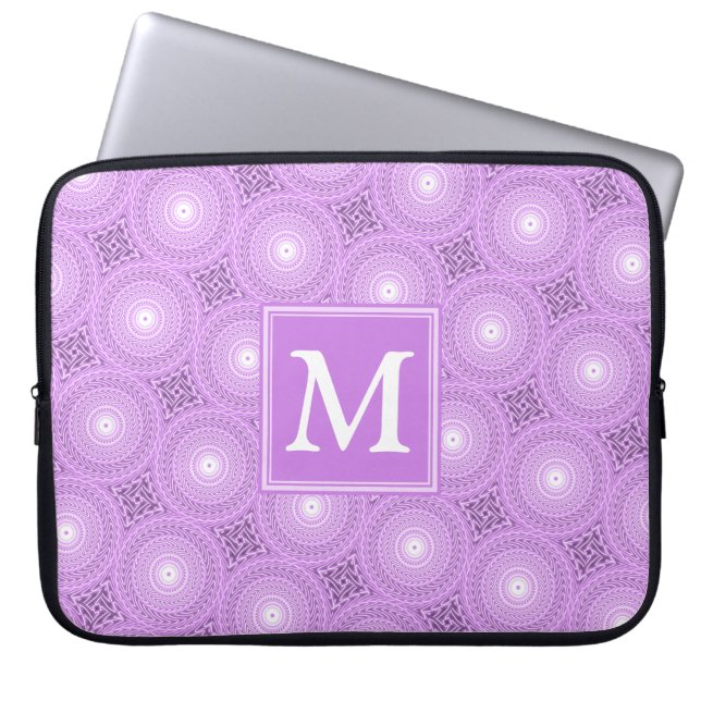 Monogram lilac purple circles pattern laptop sleeve (Front)