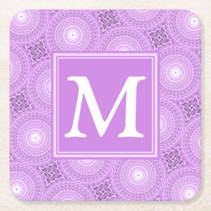 Monogram lilac purple circles pattern square paper coaster