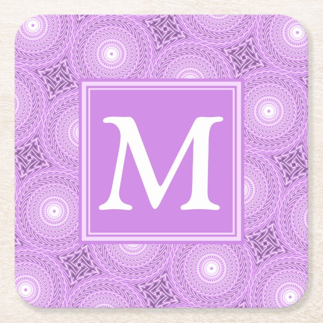 Monogram lilac purple circles pattern square paper coaster (Front)