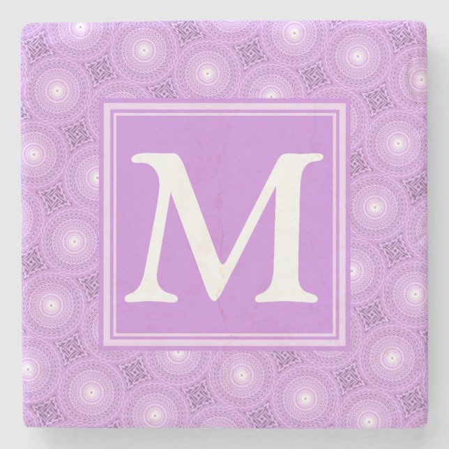 Monogram lilac purple circles pattern stone coaster (Front)
