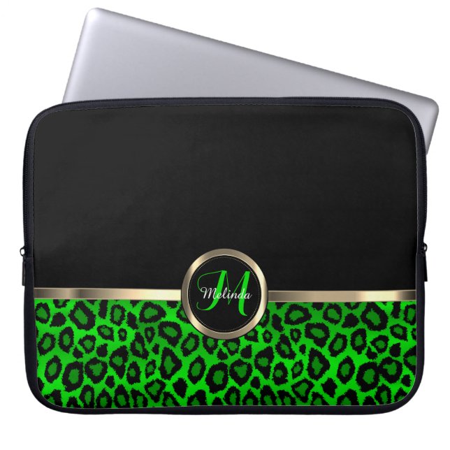Monogram  Lime and Black Leopard with Gold Accent Laptop Sleeve (Front)