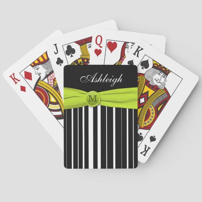 Monogram Lime Black White Striped Playing Cards (Back)