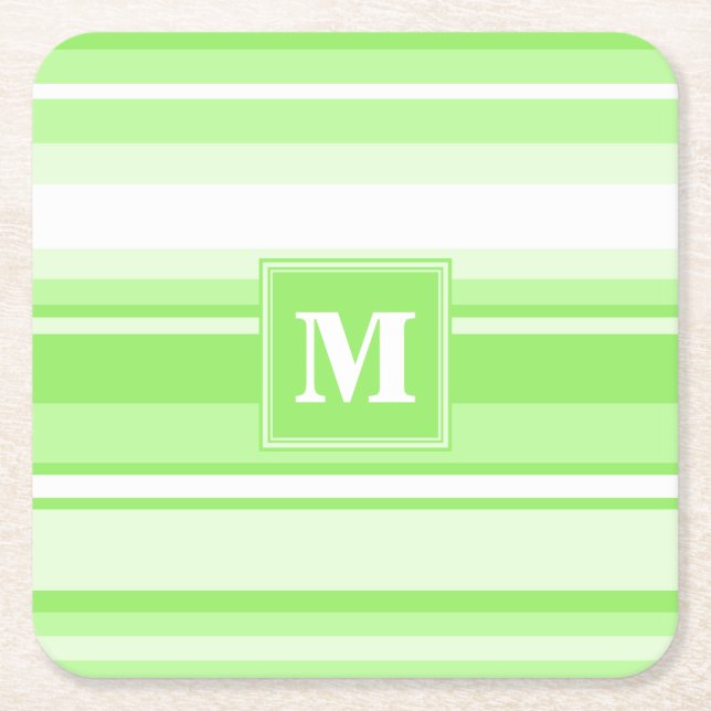 Monogram lime green stripes square paper coaster (Front)