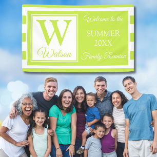 Monogram Lime Green Stripes Summer Family Reunion Banner