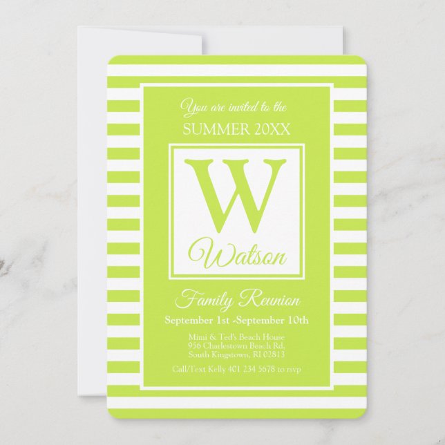 Monogram Lime Green Stripes Summer Family Reunion Invitation (Front)