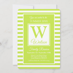 Monogram Lime Green Stripes Summer Family Reunion Invitation
