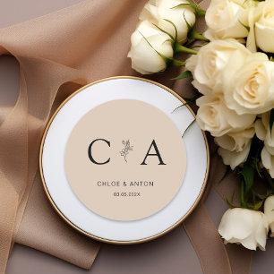 Monogram, Line-Art-Flower, Wedding, Beige-Brown Classic Round Sticker