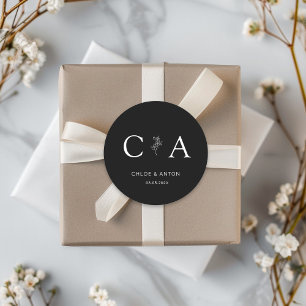 Monogram, Line-Art-Flower, Wedding, Black Classic Round Sticker