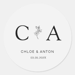 Monogram, Line-Art-Flower, Wedding, Light-Grey Classic Round Sticker