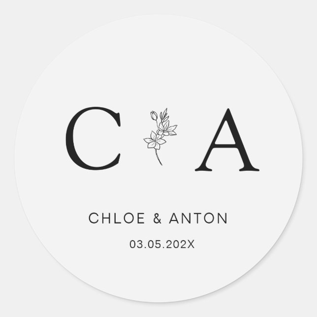 Monogram, Line-Art-Flower, Wedding, Light-Grey Classic Round Sticker (Front)