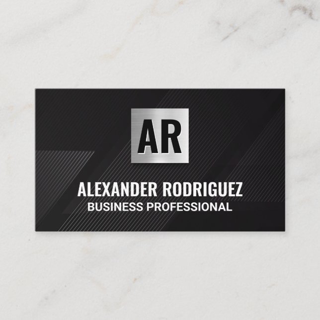 Monogram | Lines Pattern | Black Business Card (Front)
