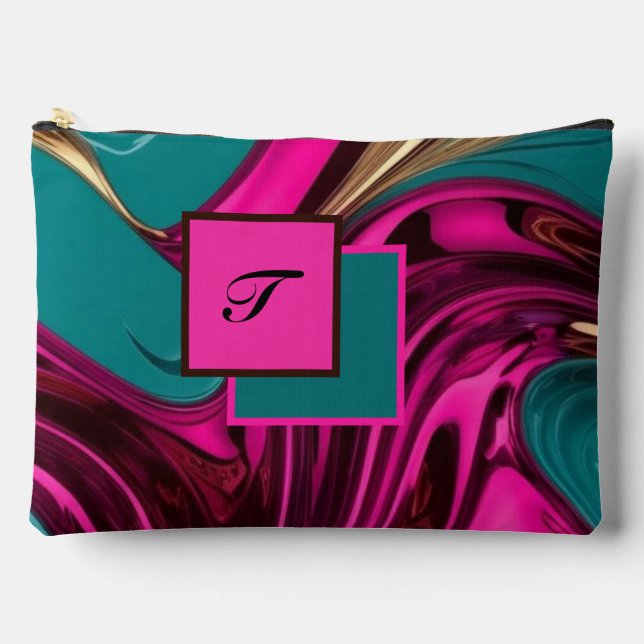 Monogram Liquid Water Hot Pink, Gold & Green Accessory Pouch (Front)