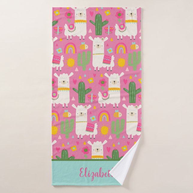 Monogram Llamas Rainbows Green Cactus Pink Girly Bath Towel Set (Bath Towel)