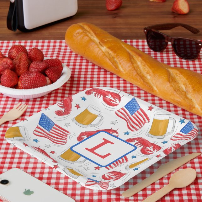 Monogram Lobster Beer Flag Star Paper Plate (Picnic)