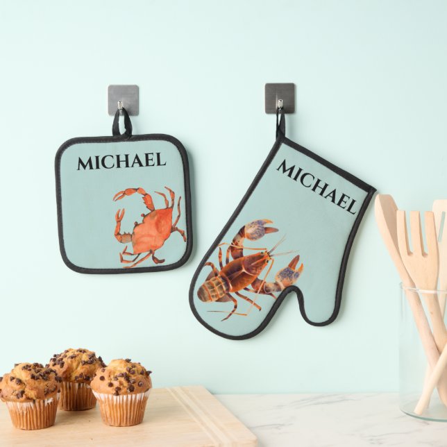 Monogram Lobster Crab Crustaceancore  Oven Mitt & Pot Holder Set (Insitu(Hanging))