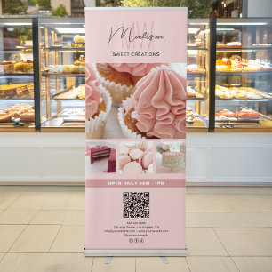 Monogram Logo Bakery Photo QR Business Pink Retractable Banner