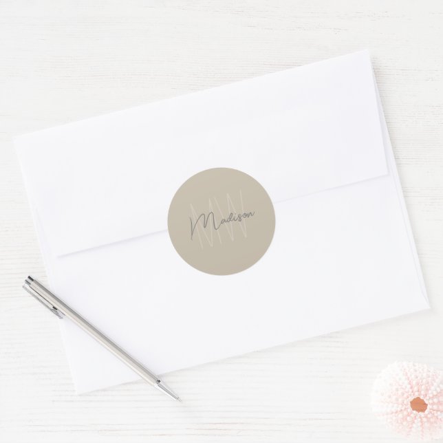 Monogram Logo Beige Modern Minimalist Classic Round Sticker (Envelope)