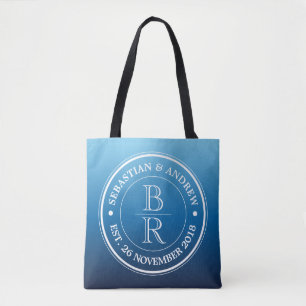 Monogram Logo Blue Ombre Gay Wedding Anniversary Tote Bag