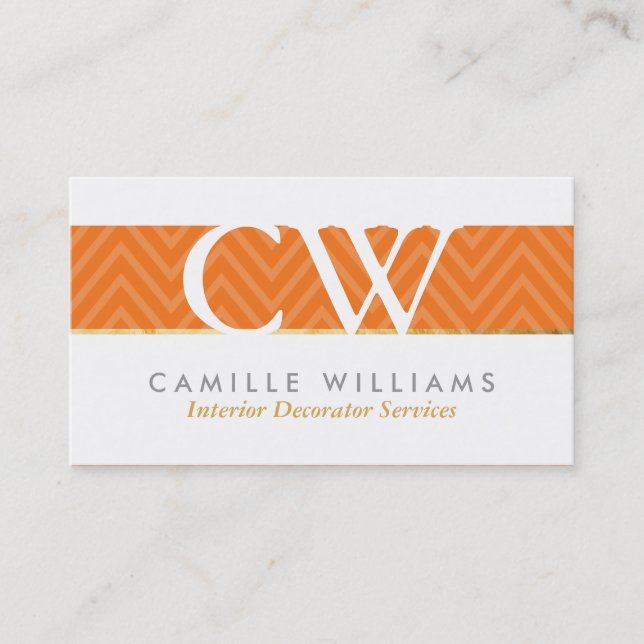 MONOGRAM LOGO bold chevron pattern bright orange Business Card (Front)