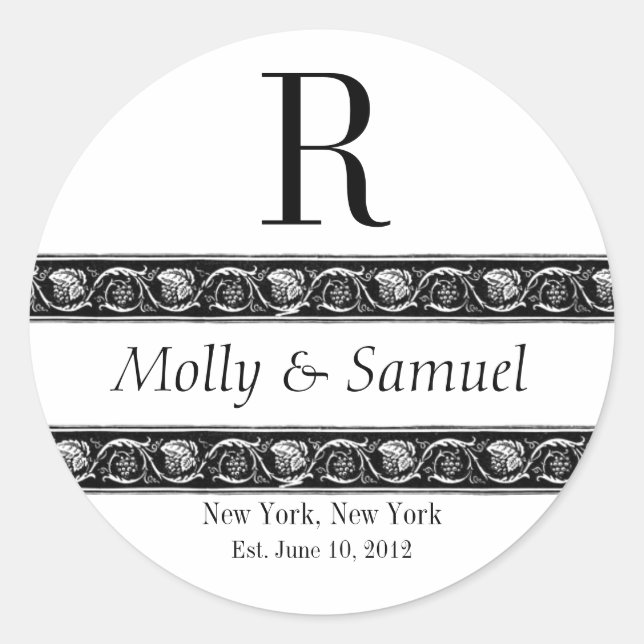Monogram Logo Ornate Names Date Wedding Label (Front)