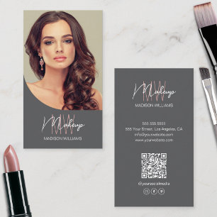 Monogram Logo Photo Makeup Artist Grey Business Card