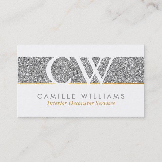 MONOGRAM LOGO smart glamourous bold glitter silver Business Card (Front)