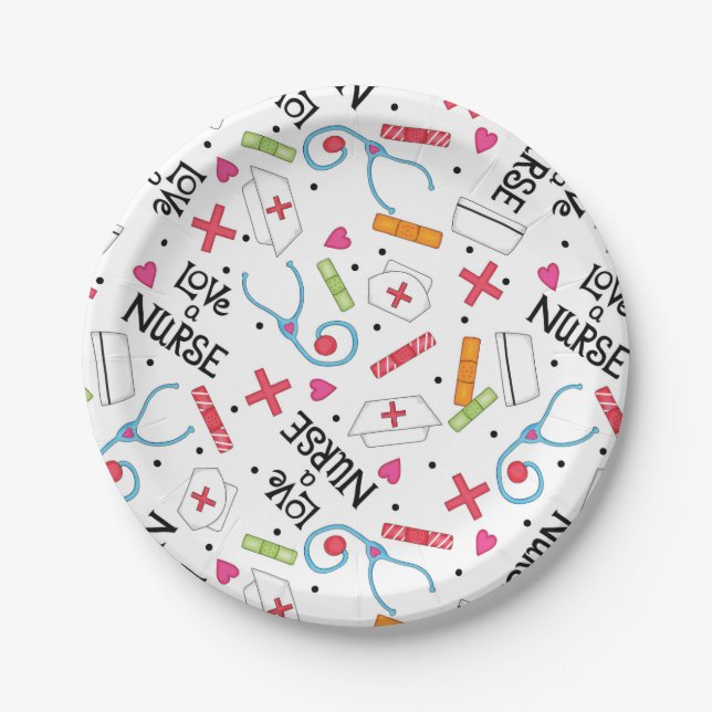 Monogram Love A Nurse Whimsy Art White Paper Plate (Front)