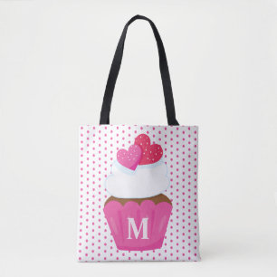 Monogram Love Hearts Cupcake Polka Dot Valentines Tote Bag