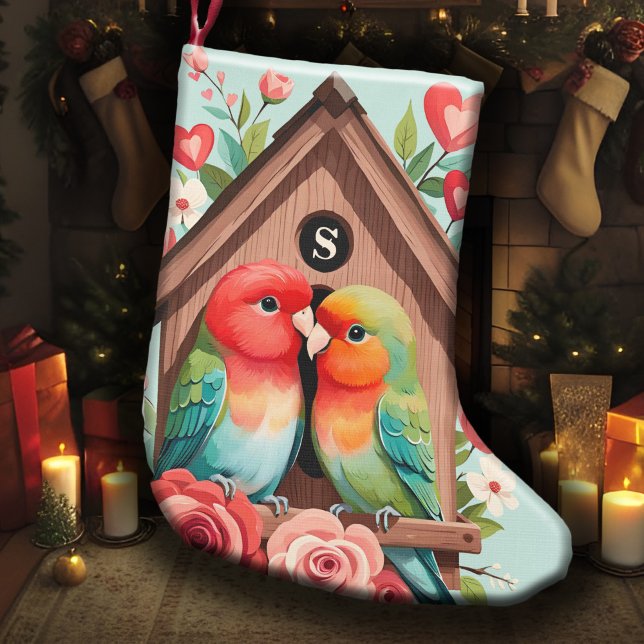 Monogram Lovebird Couple Birdhouse & Heart Pastel Small Christmas Stocking (Couples' monogrammed Christmas stocking with lovebirds, cozy birdhouse, pastel hearts & flowers)